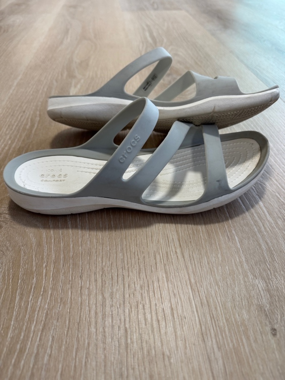 CROCS Women’s Strappy Slide Sandal - Light Gray and White - Picture 2 of 3